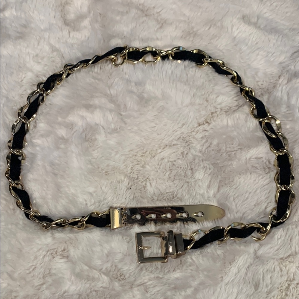 Chic Black Ribbon and Gold tone Chain Belt